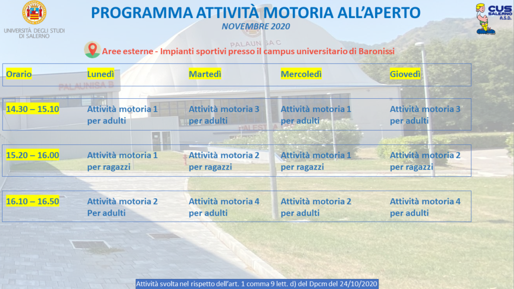 programma attività motorie 2020 novembre