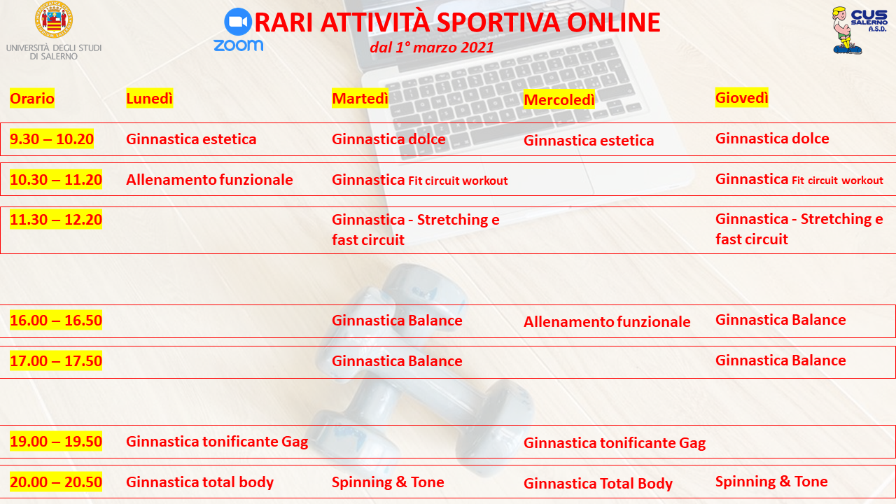 orari palestra online dal 1 marzo 2021.
